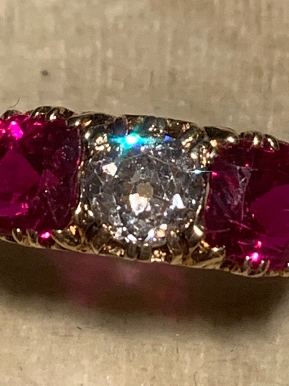 An Early 20th Century 1 Carat Old Cut Diamond & Synthetic Ruby Trilogy Ring View II