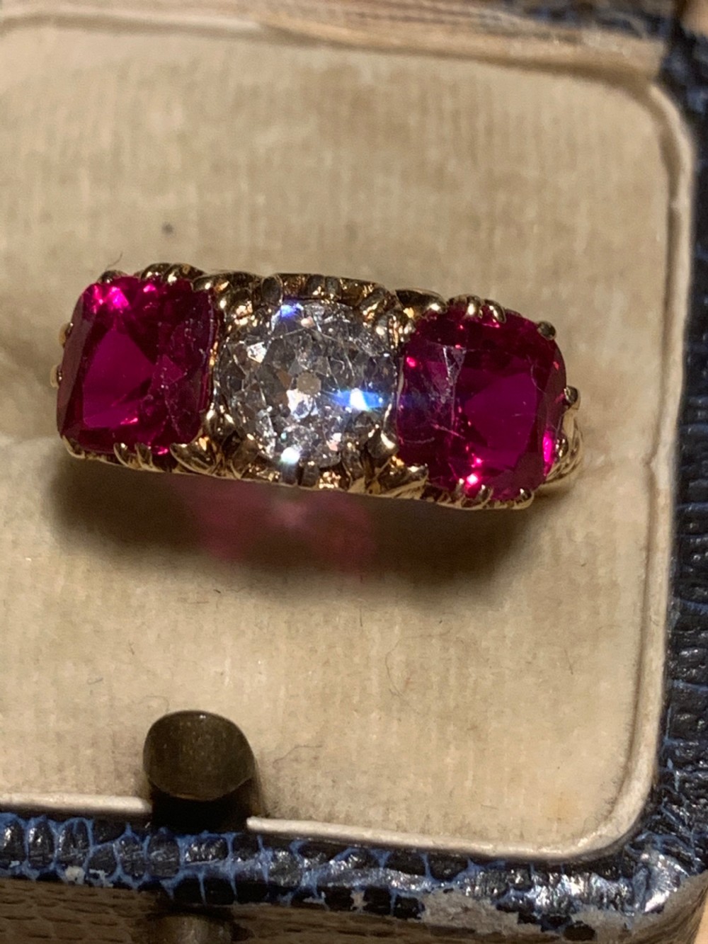 An Early 20th Century 1 Carat Old Cut Diamond & Synthetic Ruby Trilogy Ring View III
