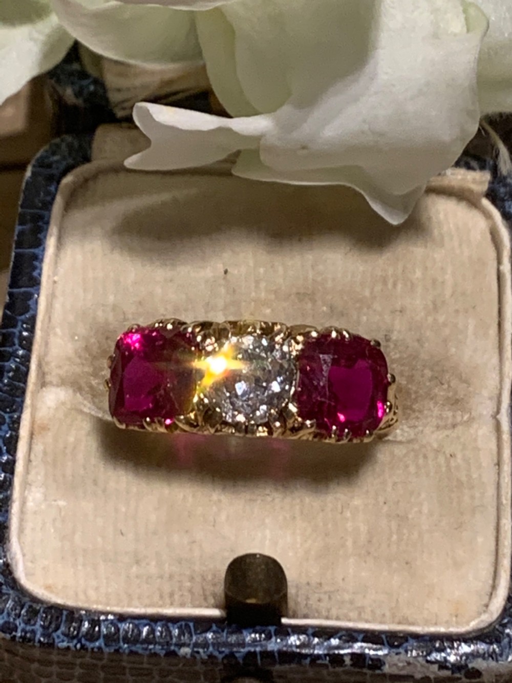 An Early 20th Century 1 Carat Old Cut Diamond & Synthetic Ruby Trilogy Ring View IV