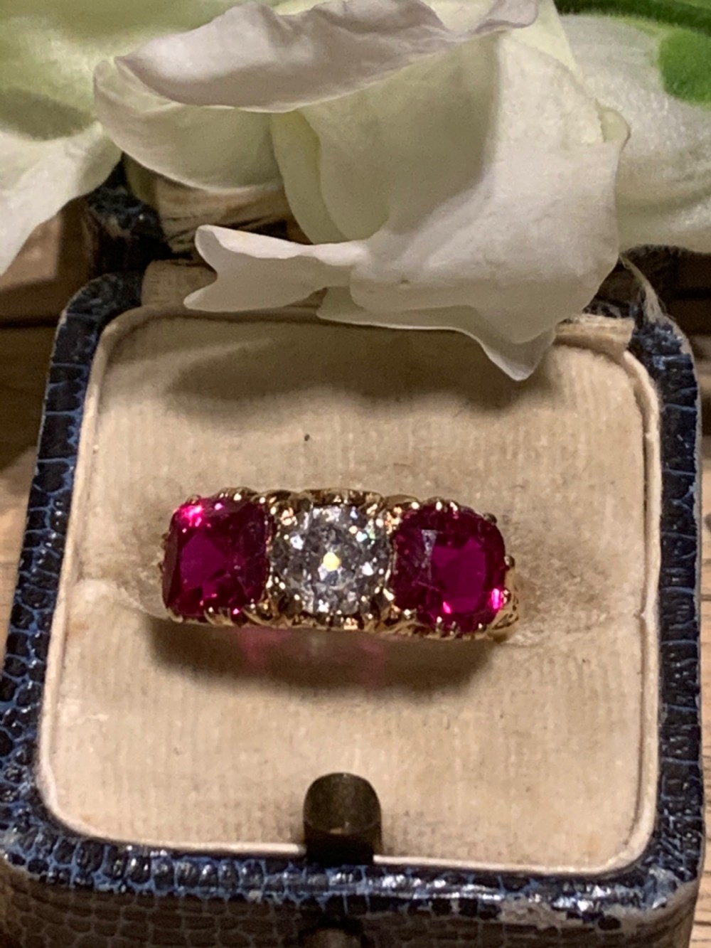 An Early 20th Century 1 Carat Old Cut Diamond & Synthetic Ruby Trilogy Ring View V