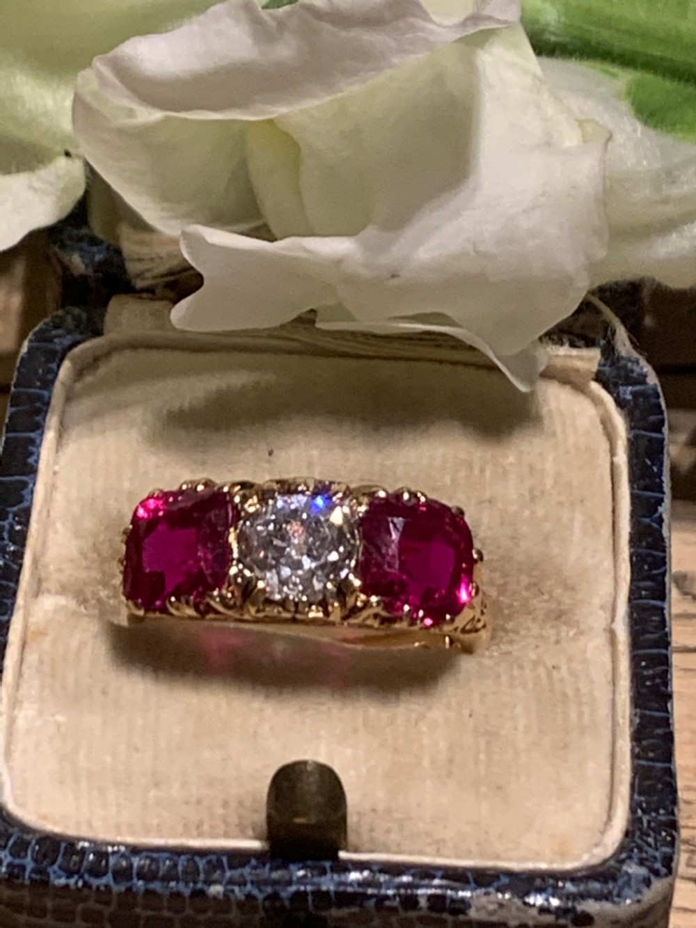 An Early 20th Century 1 Carat Old Cut Diamond & Synthetic Ruby Trilogy Ring View VI
