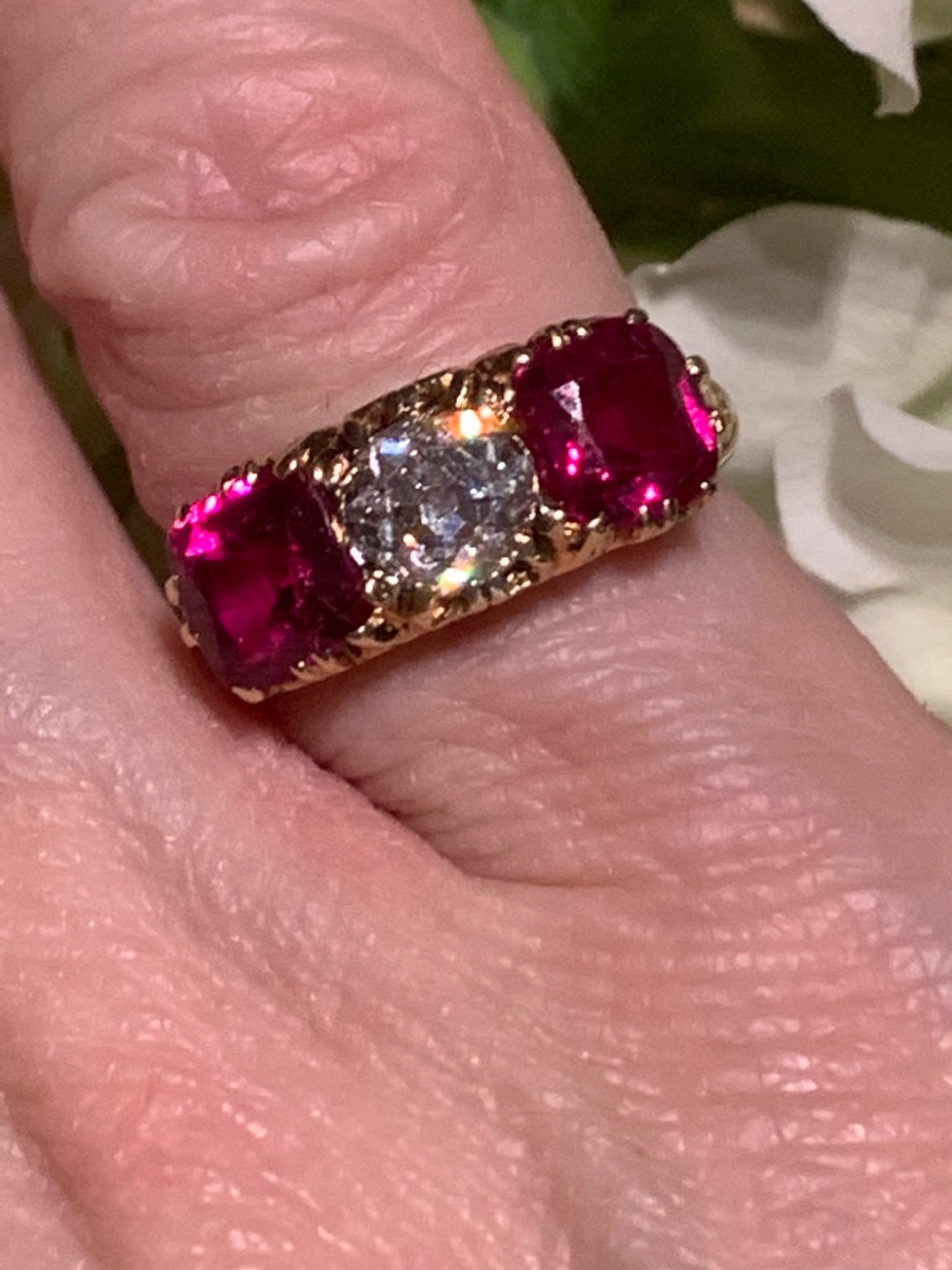 An Early 20th Century 1 Carat Old Cut Diamond & Synthetic Ruby Trilogy Ring View VII
