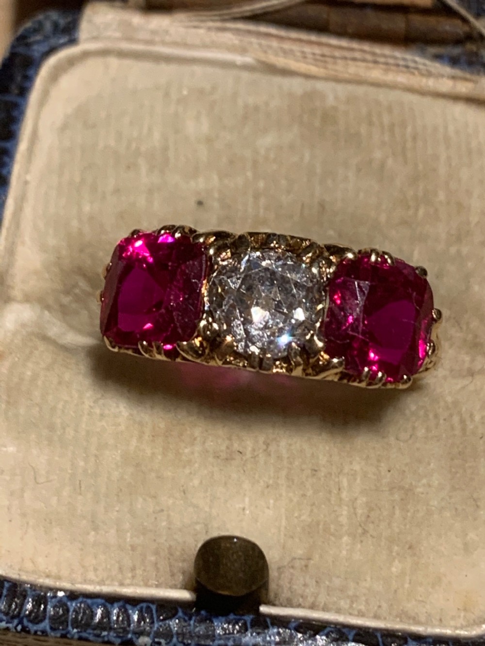 An Early 20th Century 1 Carat Old Cut Diamond & Synthetic Ruby Trilogy Ring View VIII