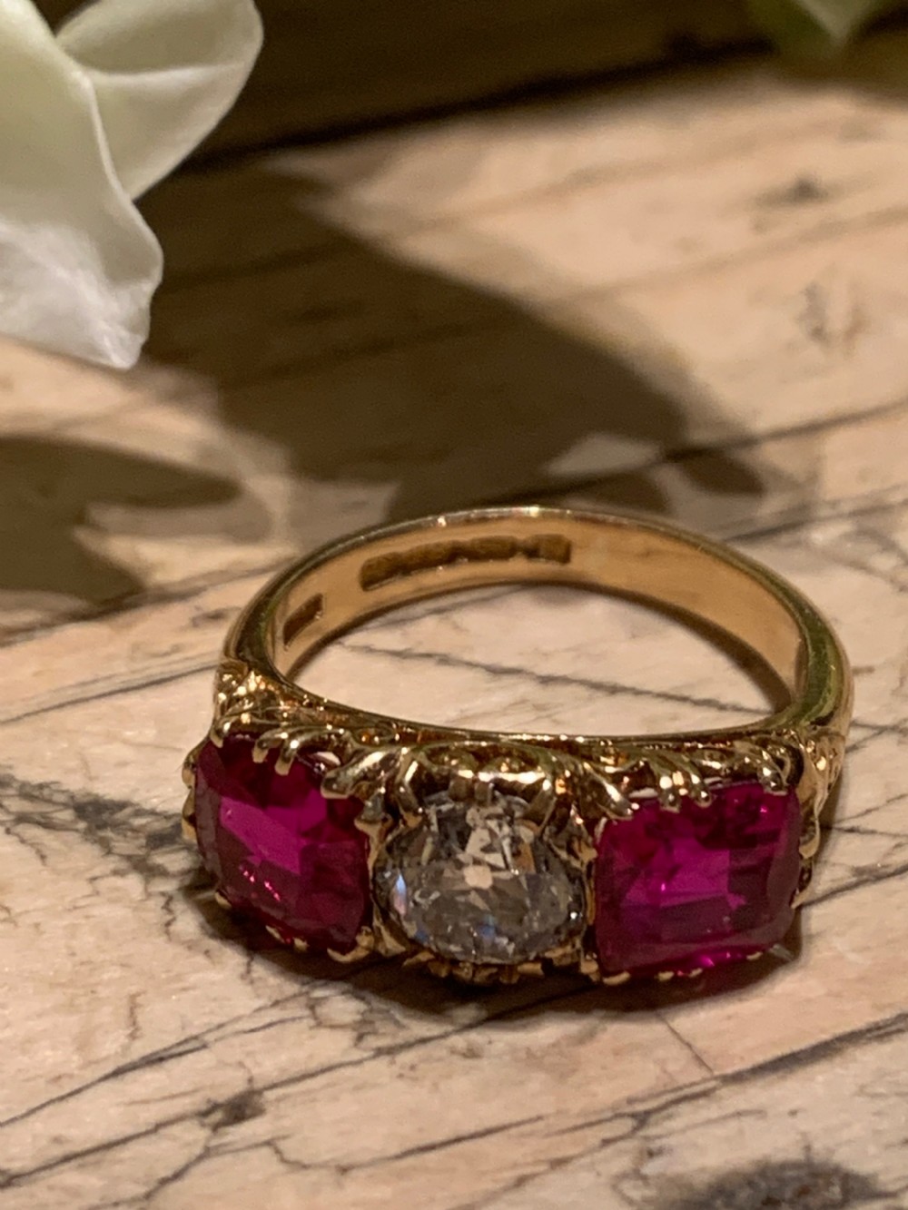 An Early 20th Century 1 Carat Old Cut Diamond & Synthetic Ruby Trilogy Ring View IX