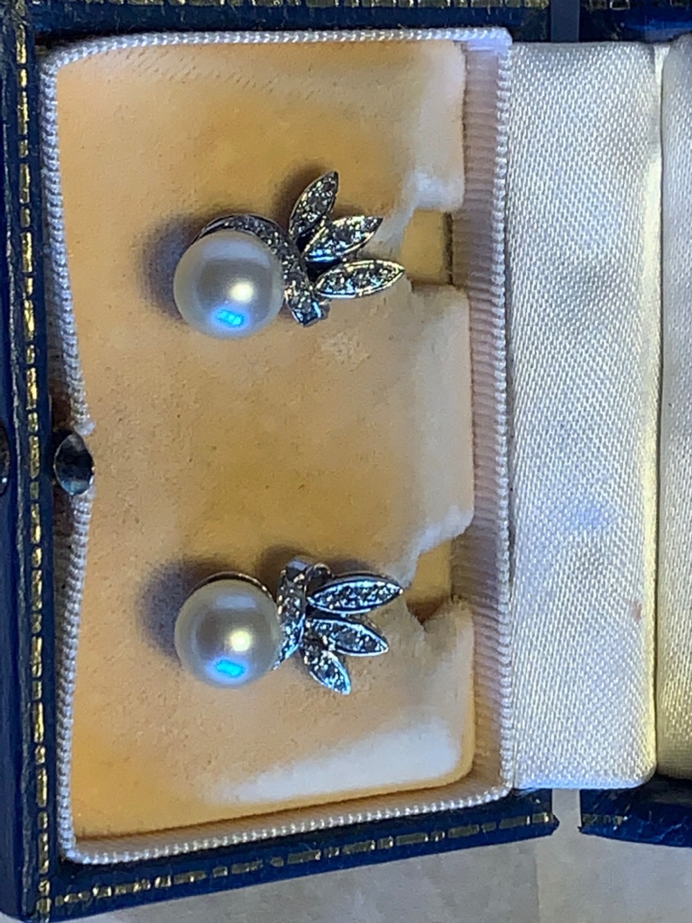 Mid Century Cultured Pearl and Diamond Earrings View II