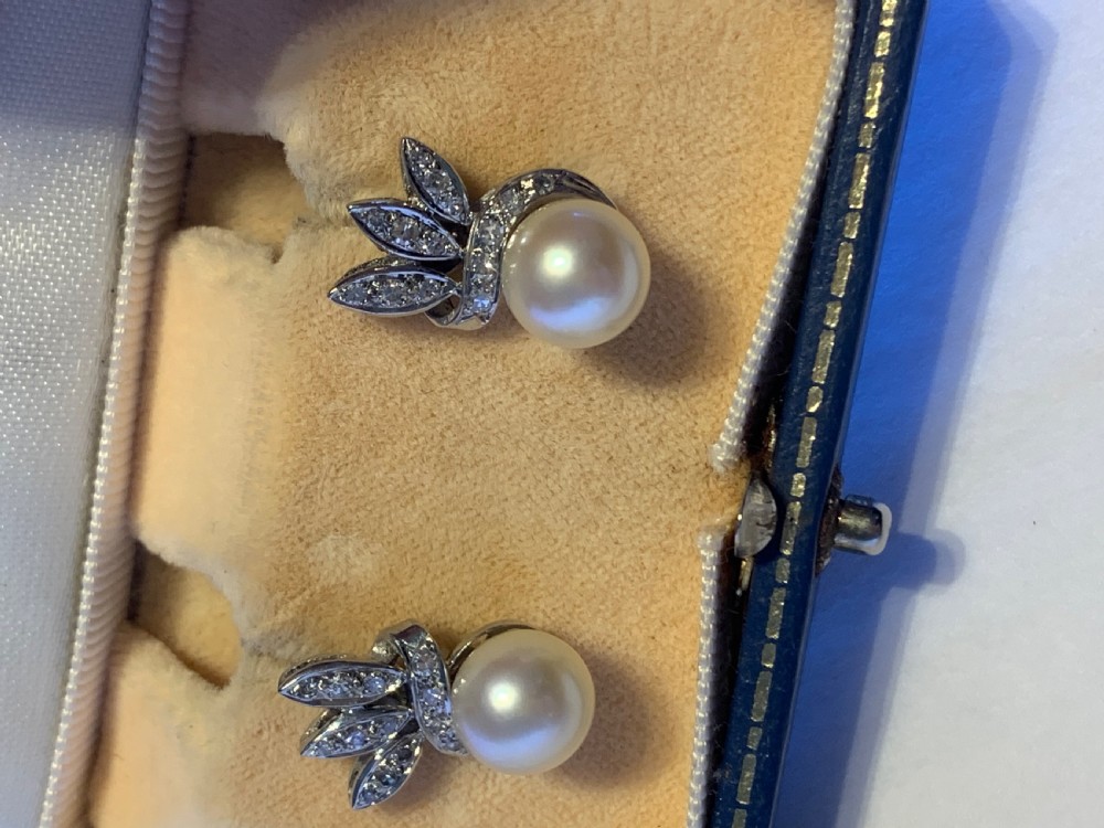 Mid Century Cultured Pearl and Diamond Earrings View III
