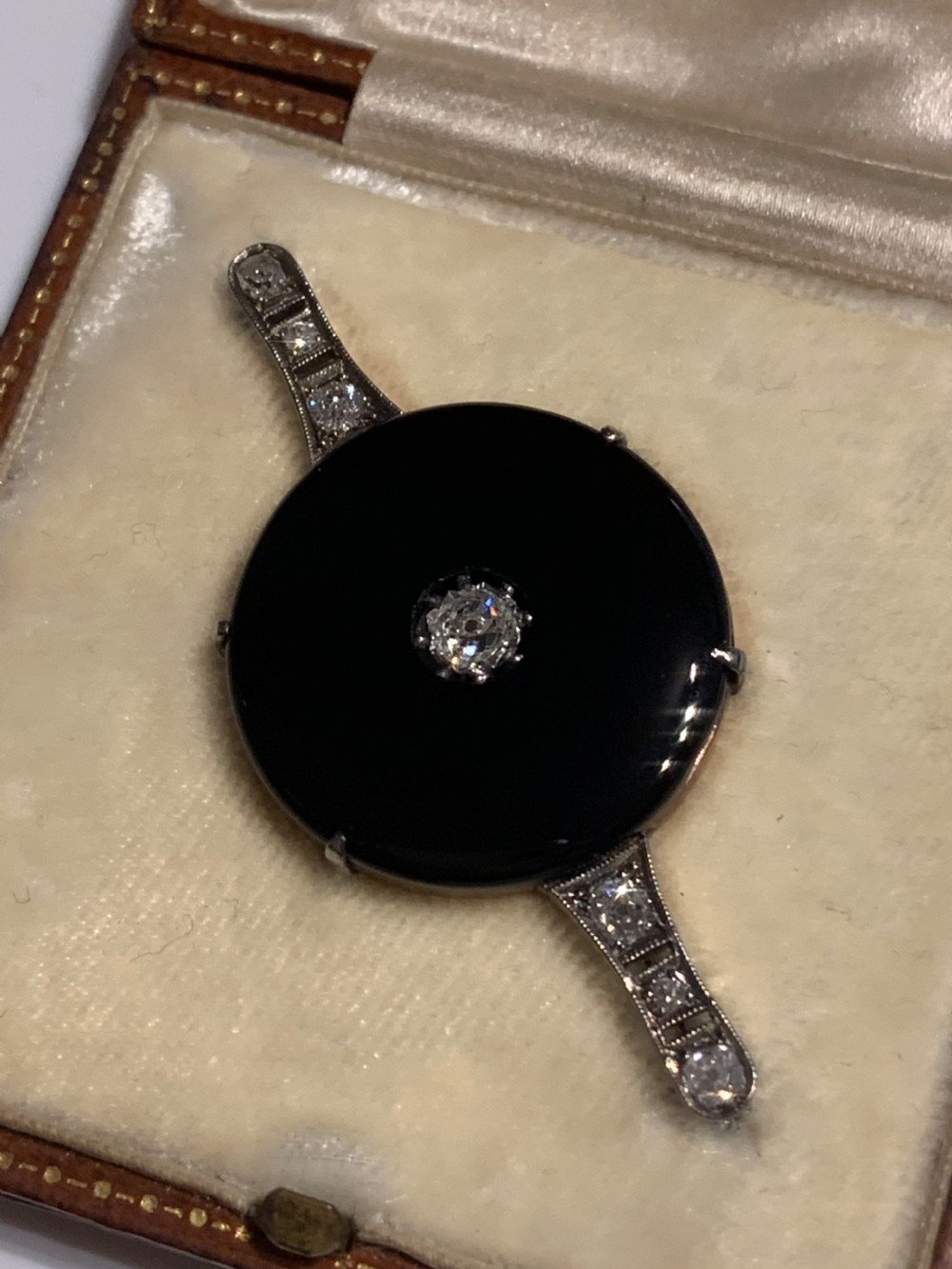 Onyx Art Deco Old European Cut Diamond Brooch
