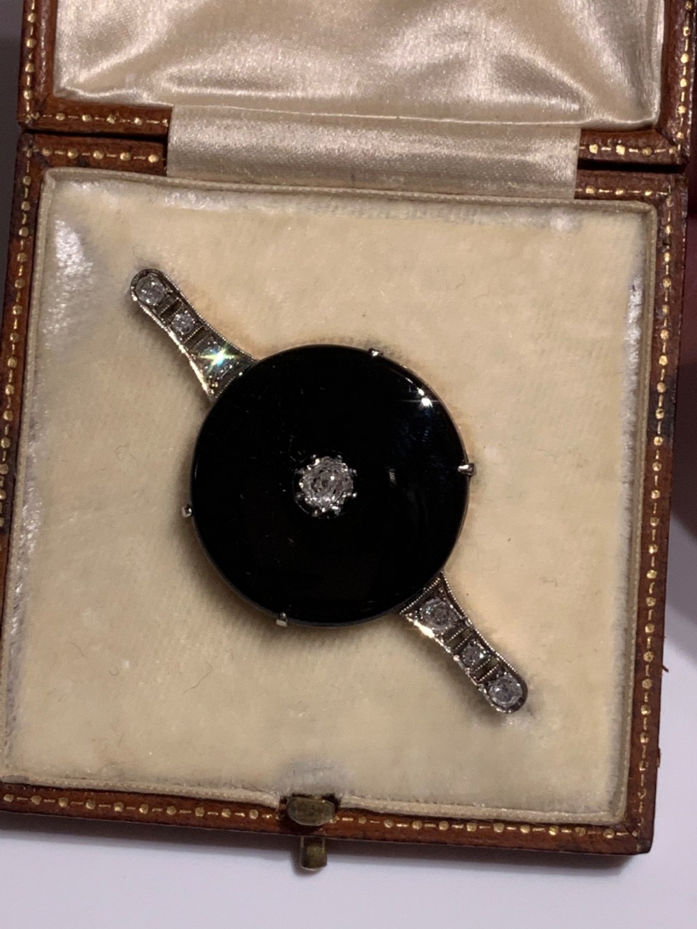 Onyx Art Deco Old European Cut Diamond Brooch View IX
