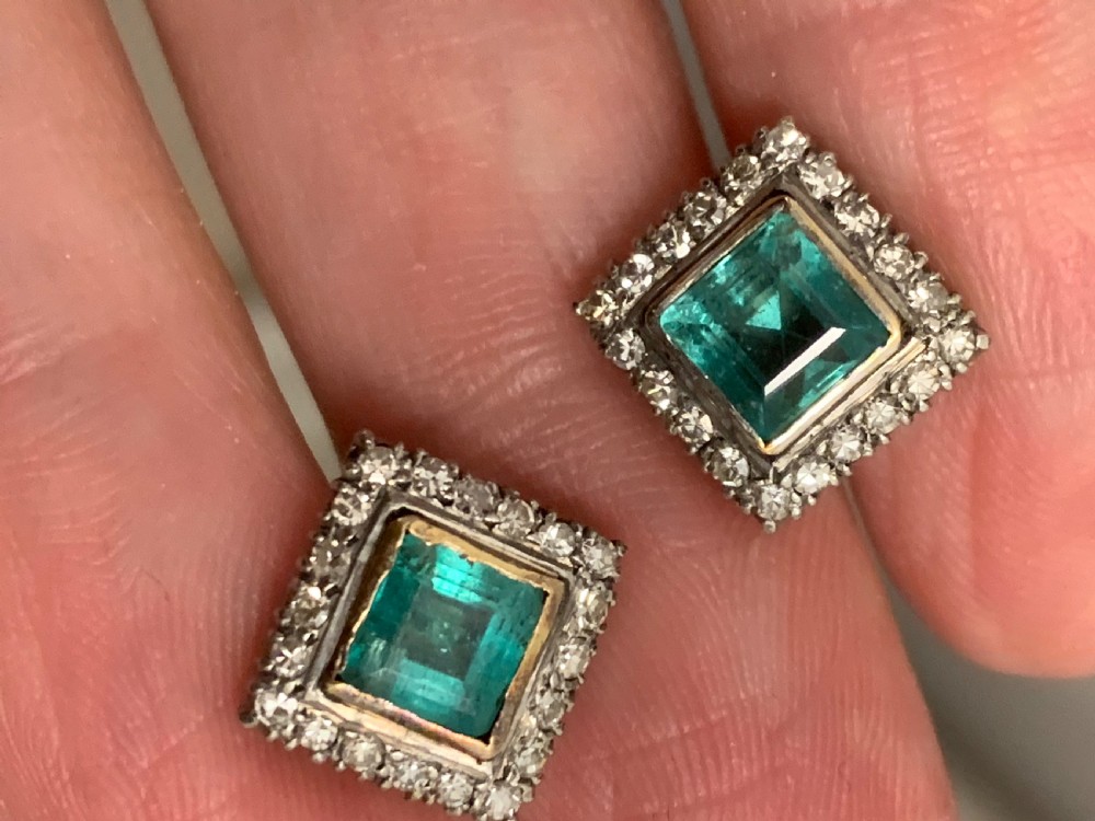 Emerald and Diamond Art Deco Platinum Earrings
