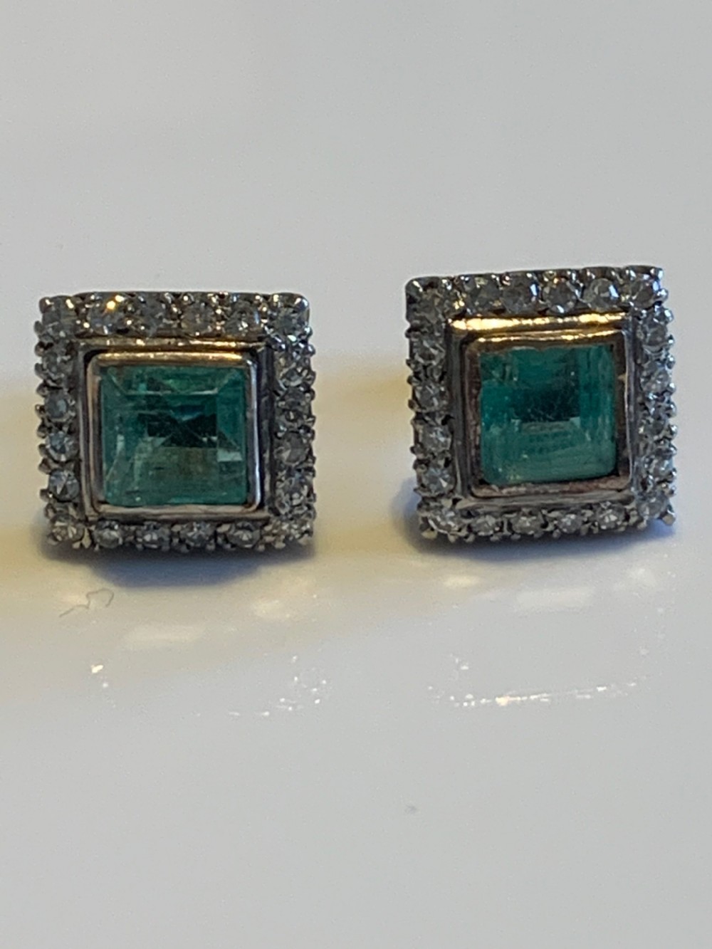 Emerald and Diamond Art Deco Platinum Earrings View II