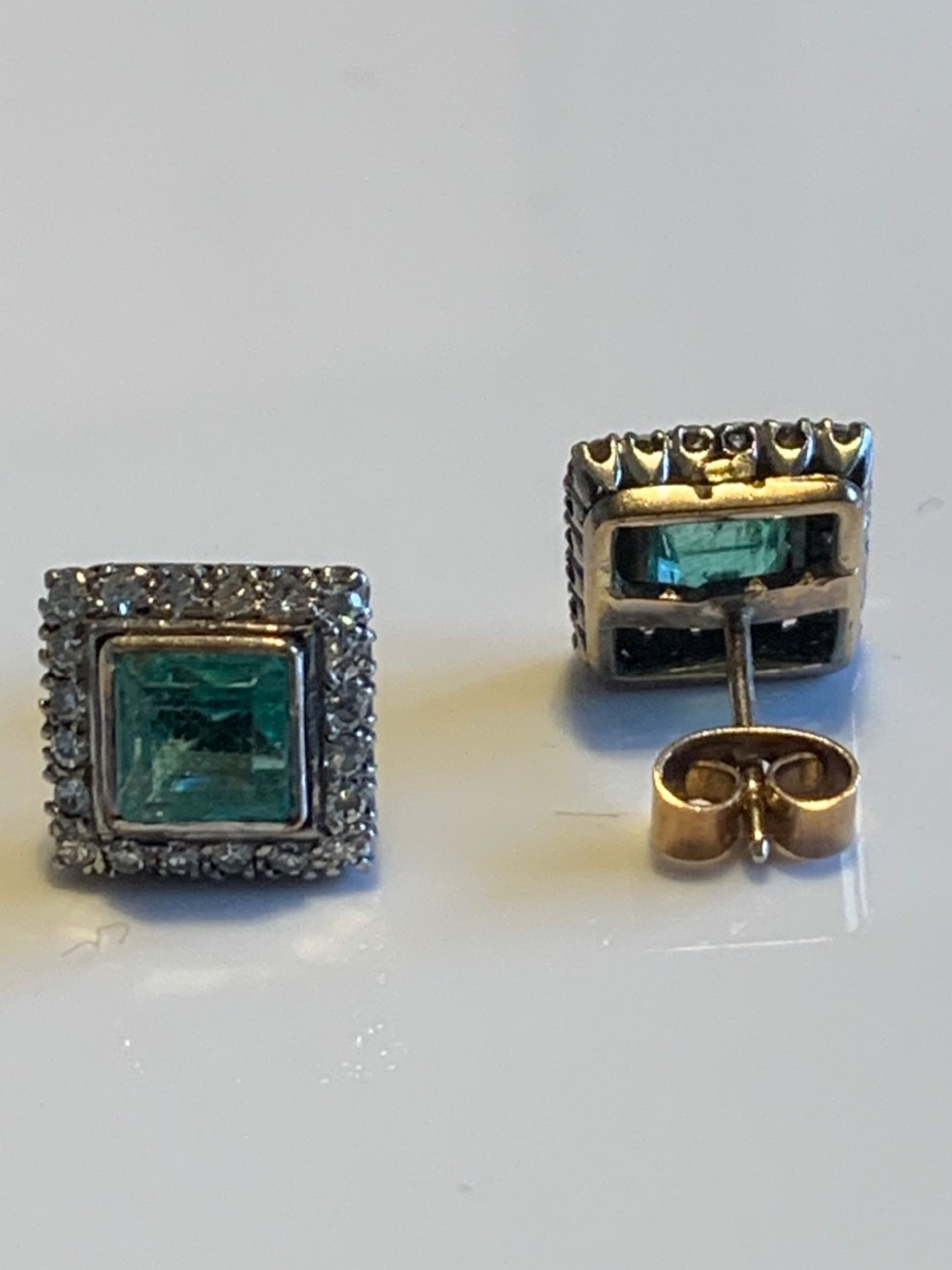 Emerald and Diamond Art Deco Platinum Earrings View III