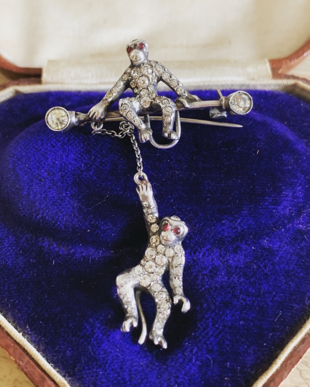 Antique Sterling Silver Paste Art Deco Monkey Brooch