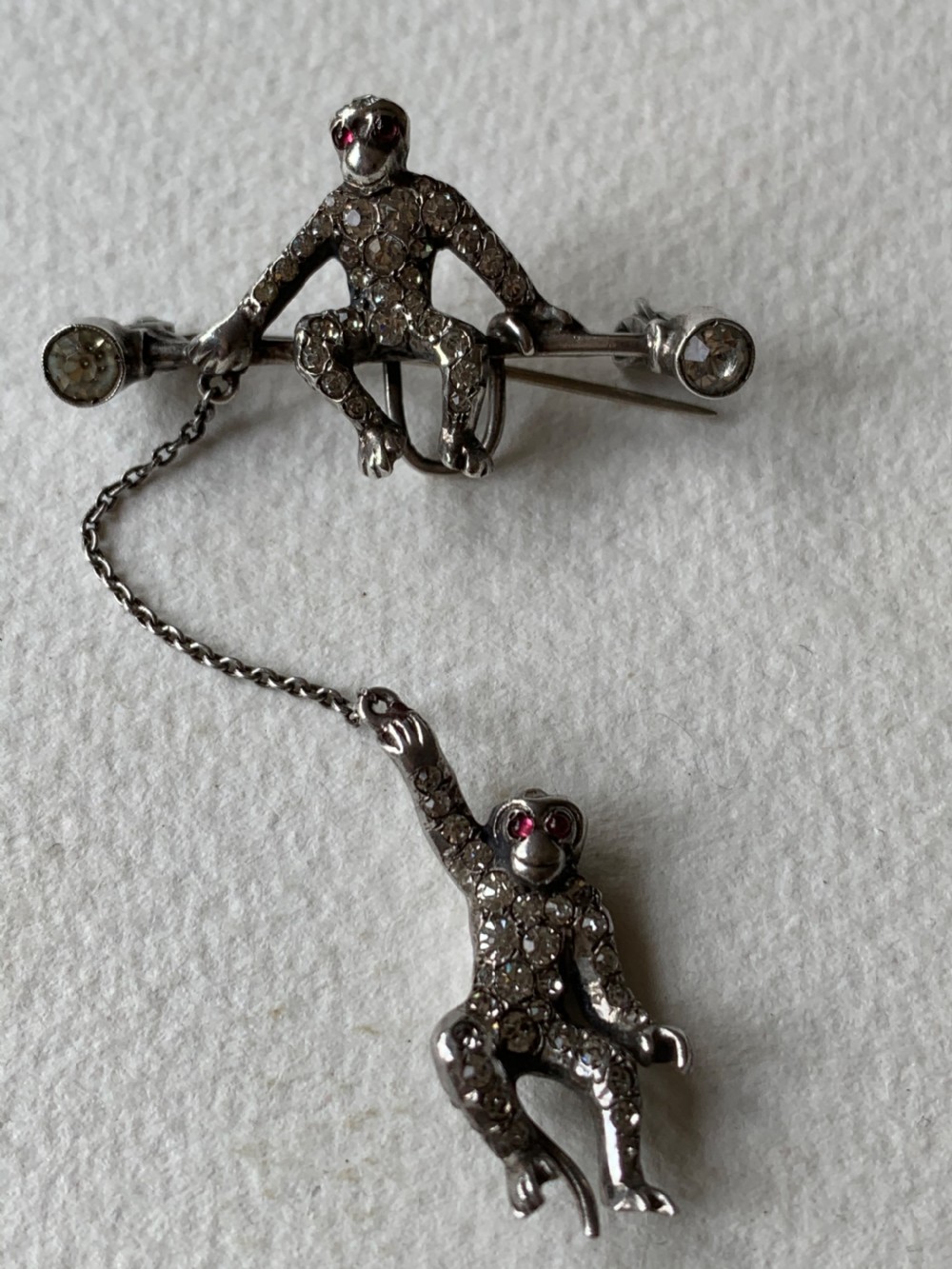 Antique Sterling Silver Paste Art Deco Monkey Brooch View V