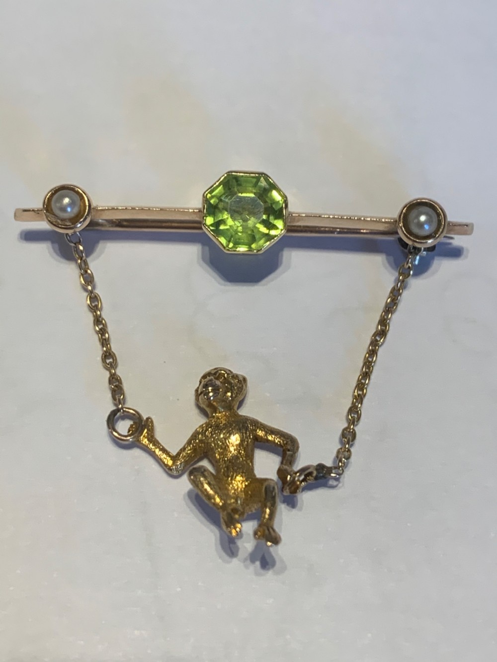 Peridot and Pearl Early 20th Century Gold Monkey Brooch