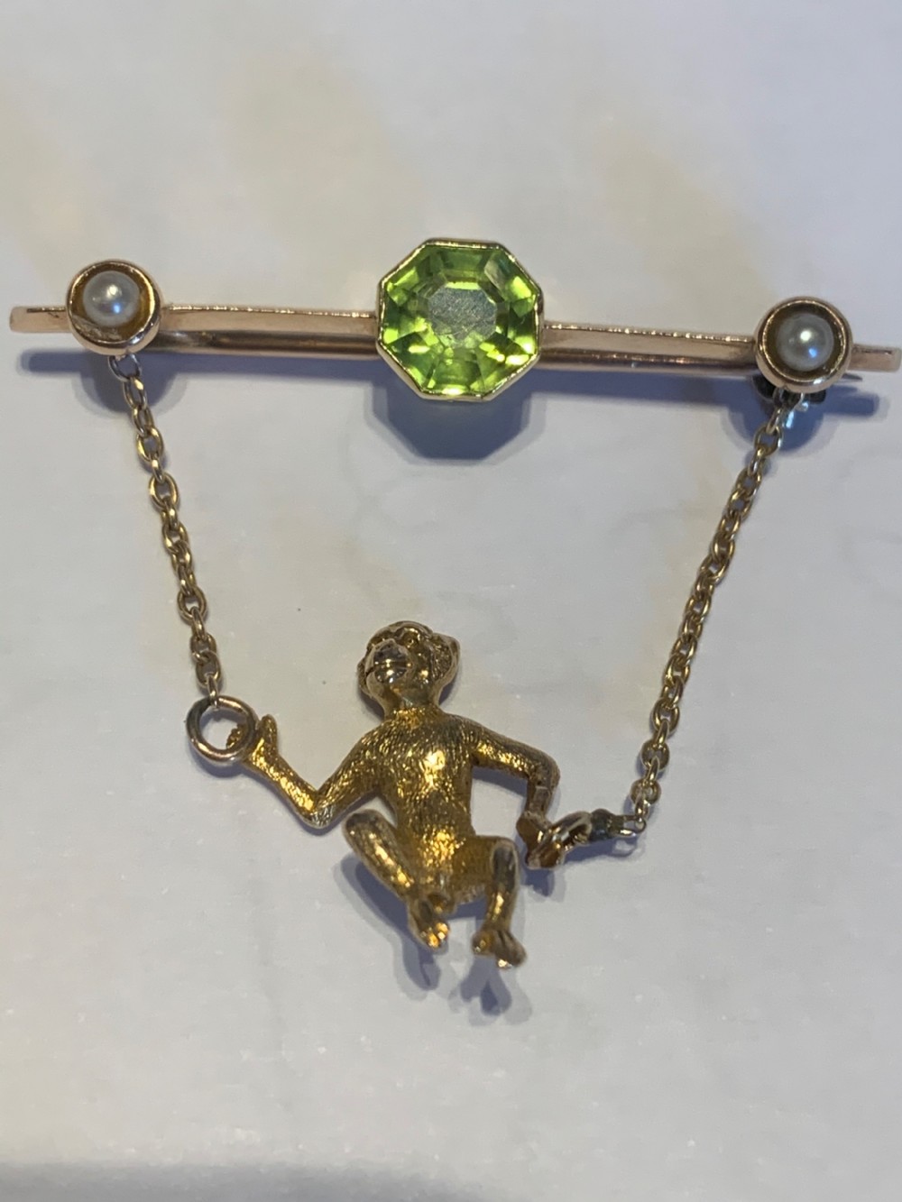 Peridot and Pearl Early 20th Century Gold Monkey Brooch View II