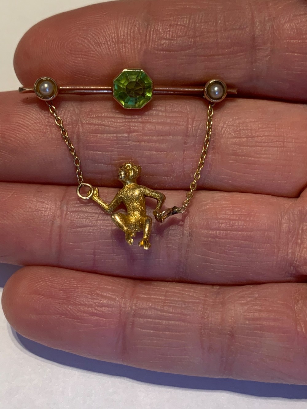 Peridot and Pearl Early 20th Century Gold Monkey Brooch View V
