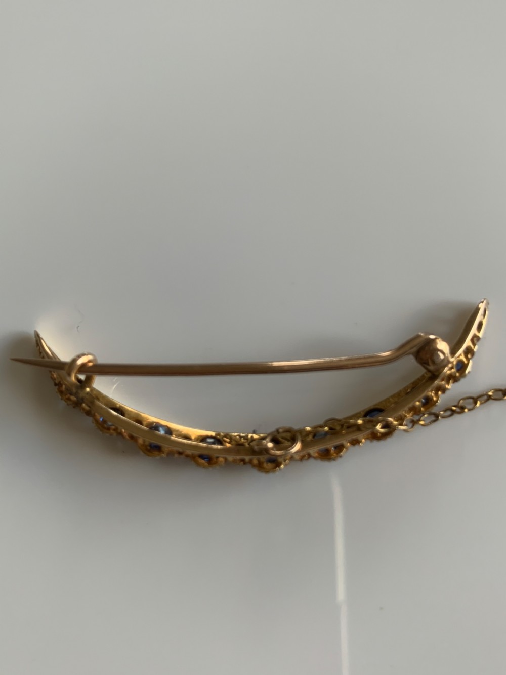 Ceylon Sapphire and Diamond Crescent 15ct Gold Brooch View III