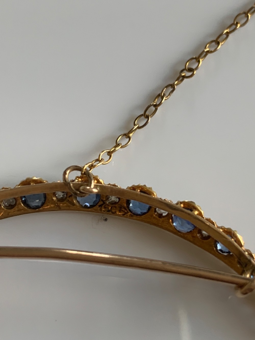 Ceylon Sapphire and Diamond Crescent 15ct Gold Brooch View IV