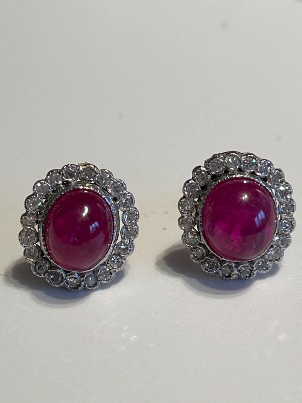 Natural Cabochon Ruby And Old European Cut Diamond Edwardian Platinum Earrings View II
