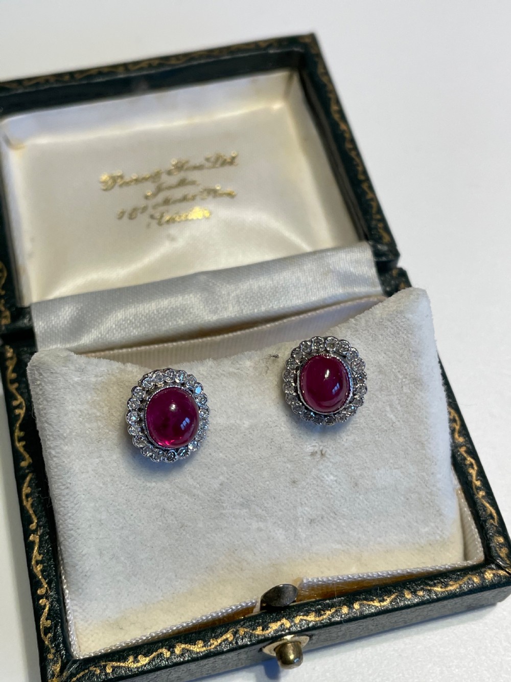 Natural Cabochon Ruby And Old European Cut Diamond Edwardian Platinum Earrings View IV