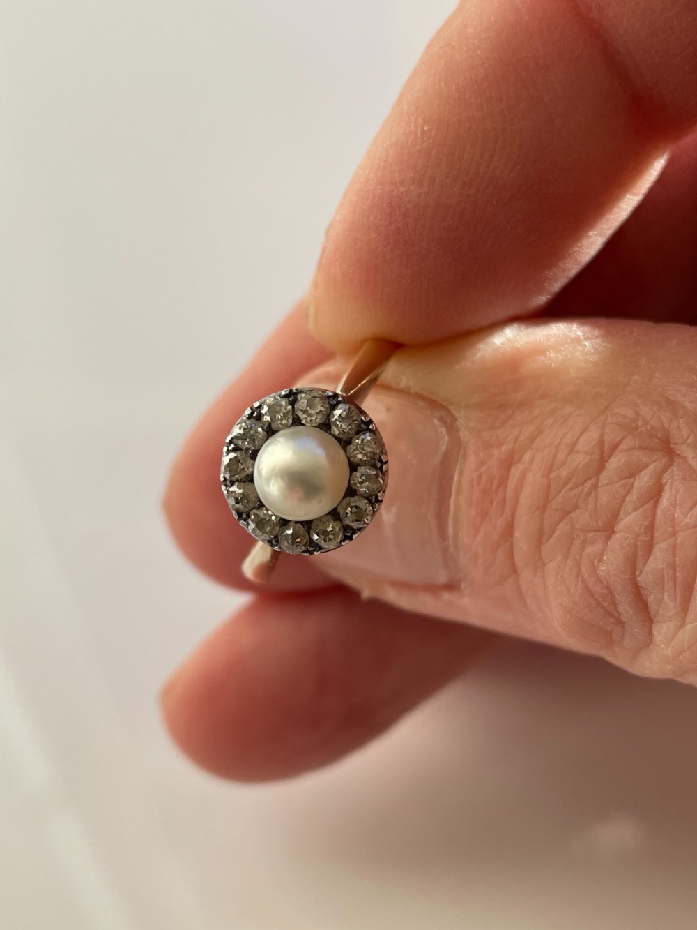 Antique Pearl and Diamond Cluster Ring View II