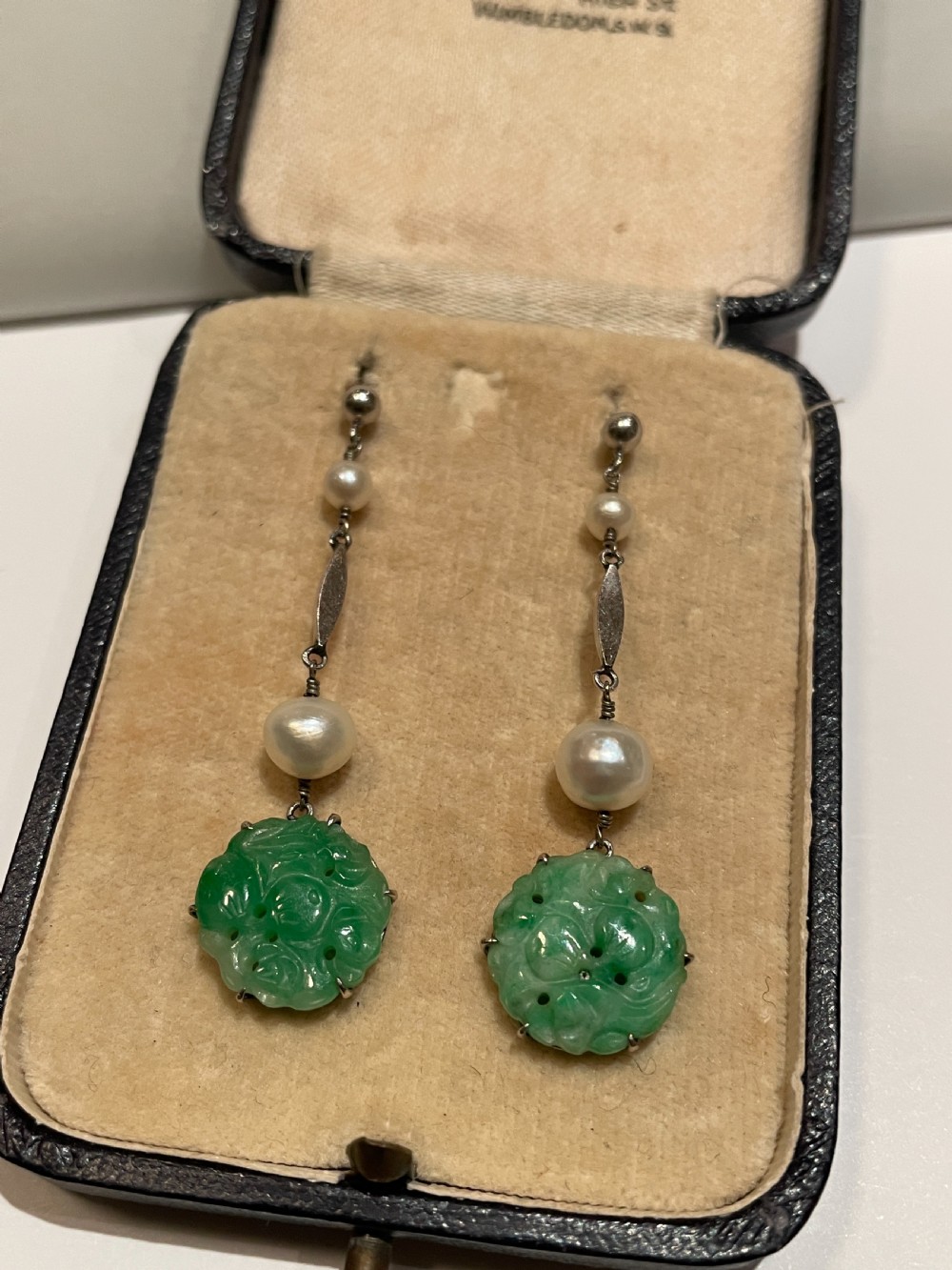 Edwardian Jadeite and Pearl 9ct Gold Earrings 