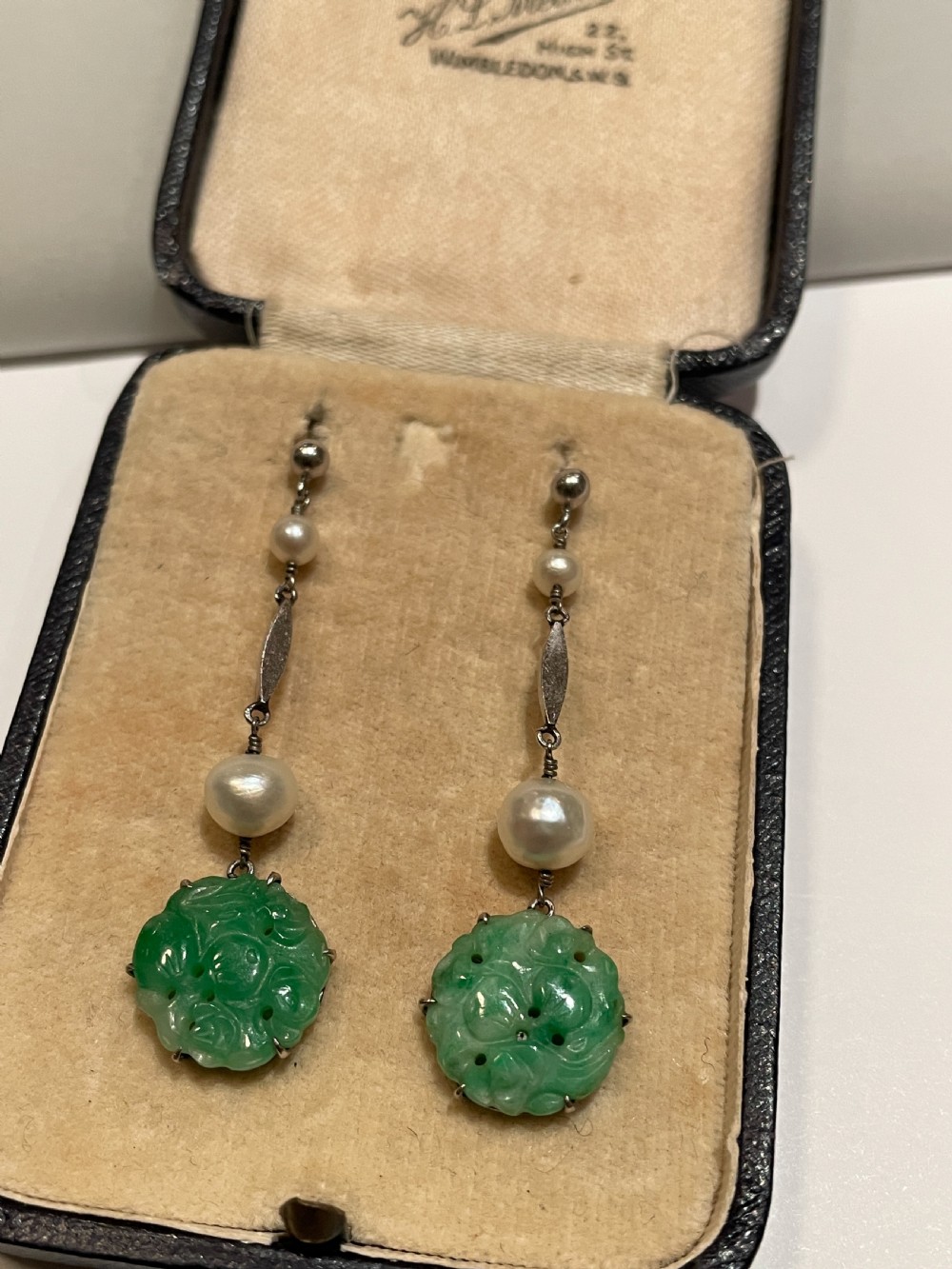Edwardian Jadeite and Pearl 9ct Gold Earrings  View IV