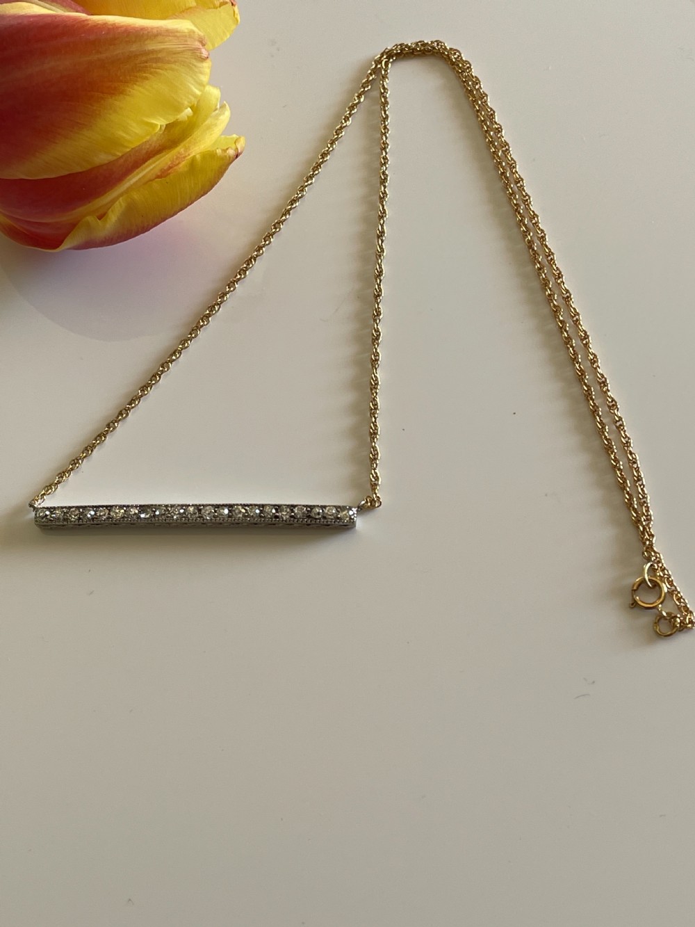 An antique platinum bar set with a row of diamonds suspended from a fine gold chain. View II