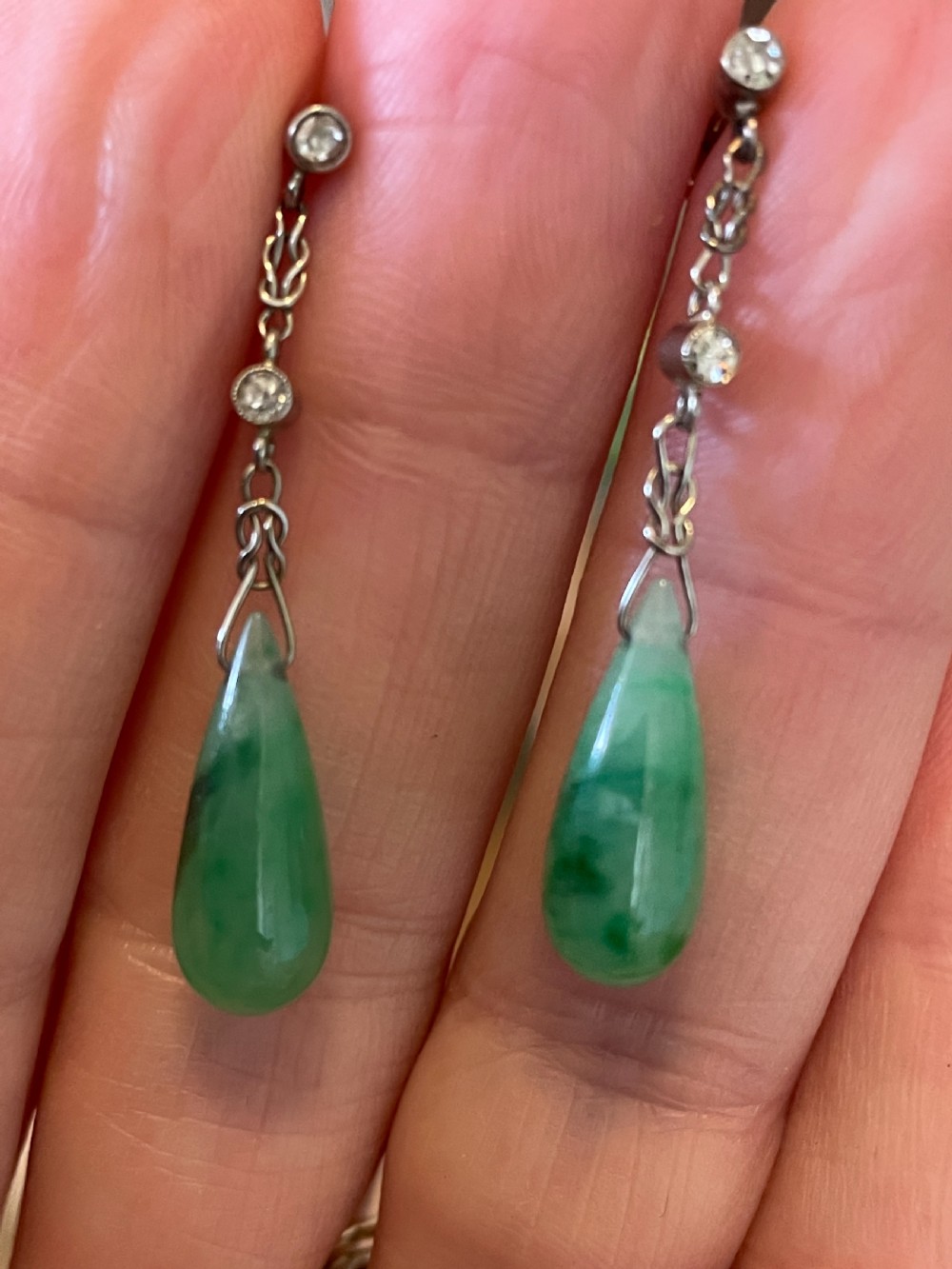Natural Untreated Jade Diamond Edwardian Earrings View III