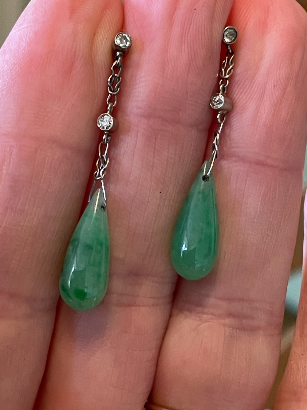 Natural Untreated Jade Diamond Edwardian Earrings View V