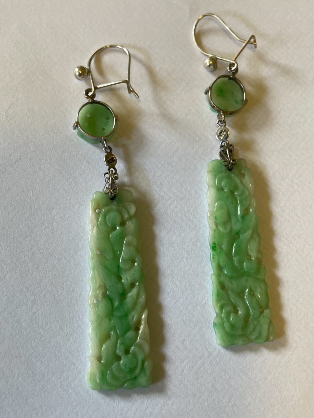 Natural Jadeite Carved Art Deco Earrings View II