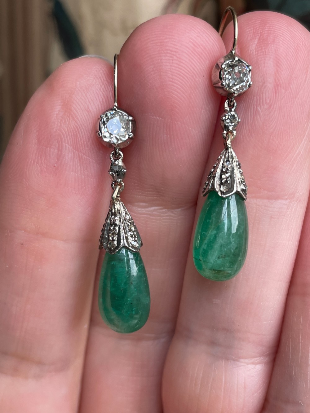 Old Cut Diamond and Emerald Earrings