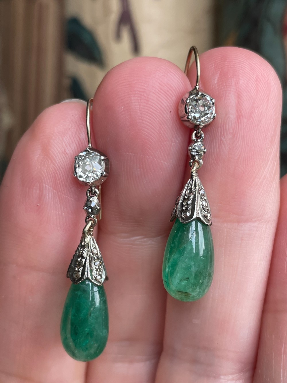 Old Cut Diamond and Emerald Earrings View II