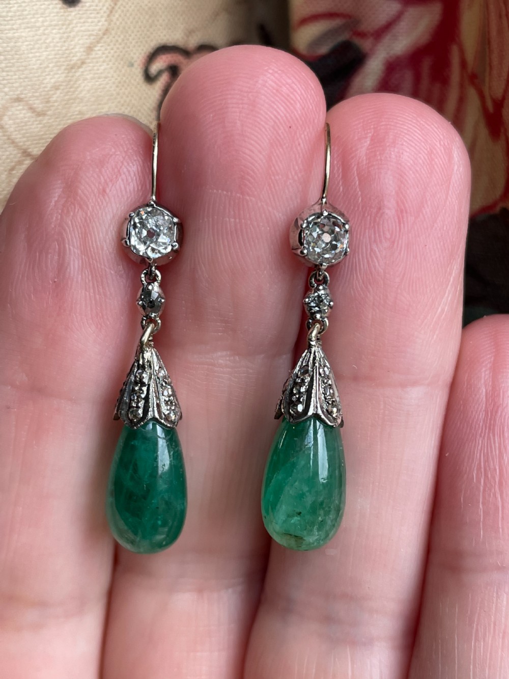 Old Cut Diamond and Emerald Earrings View III