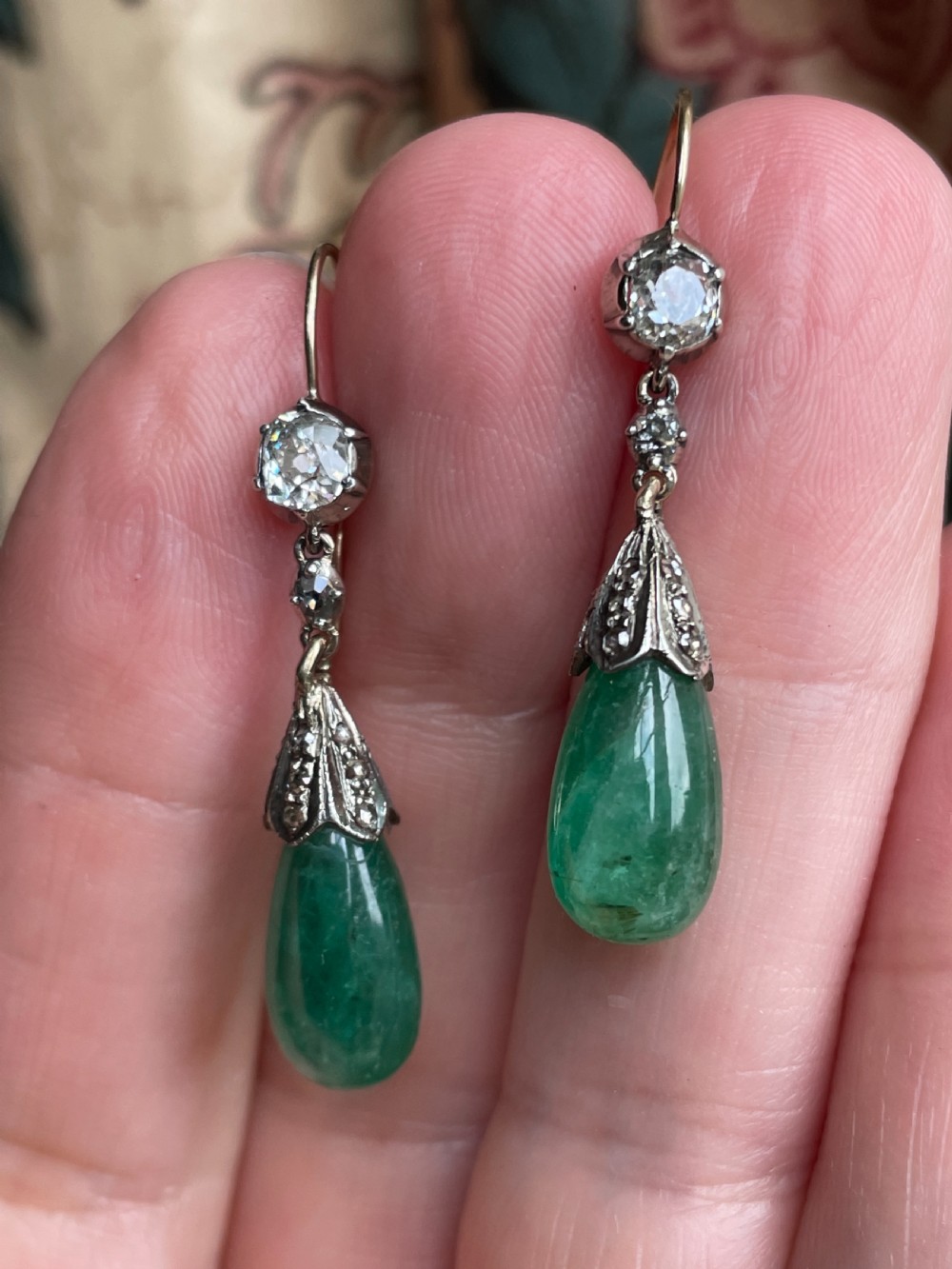 Old Cut Diamond and Emerald Earrings View IV