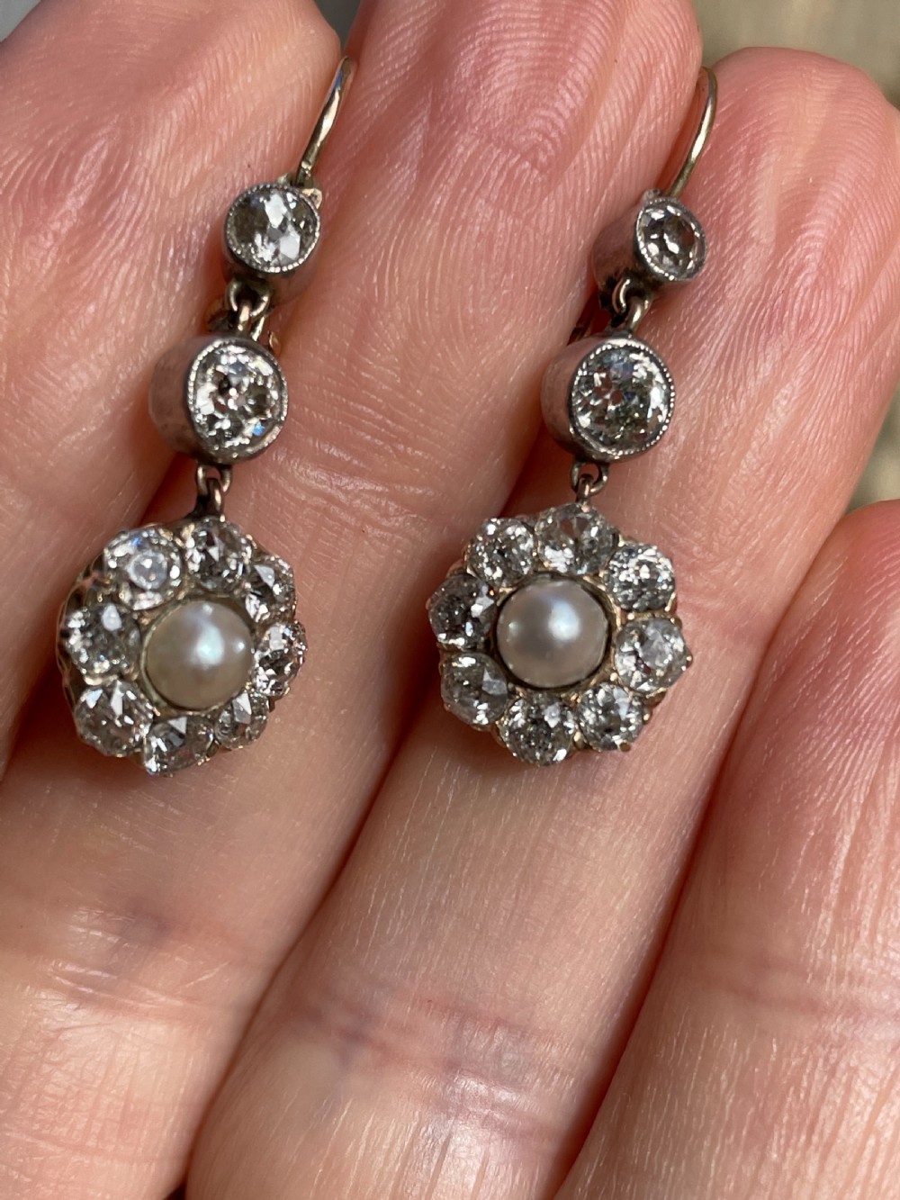 Old Cut Diamond and Natural Saltwater Pearl Victorian Earrings