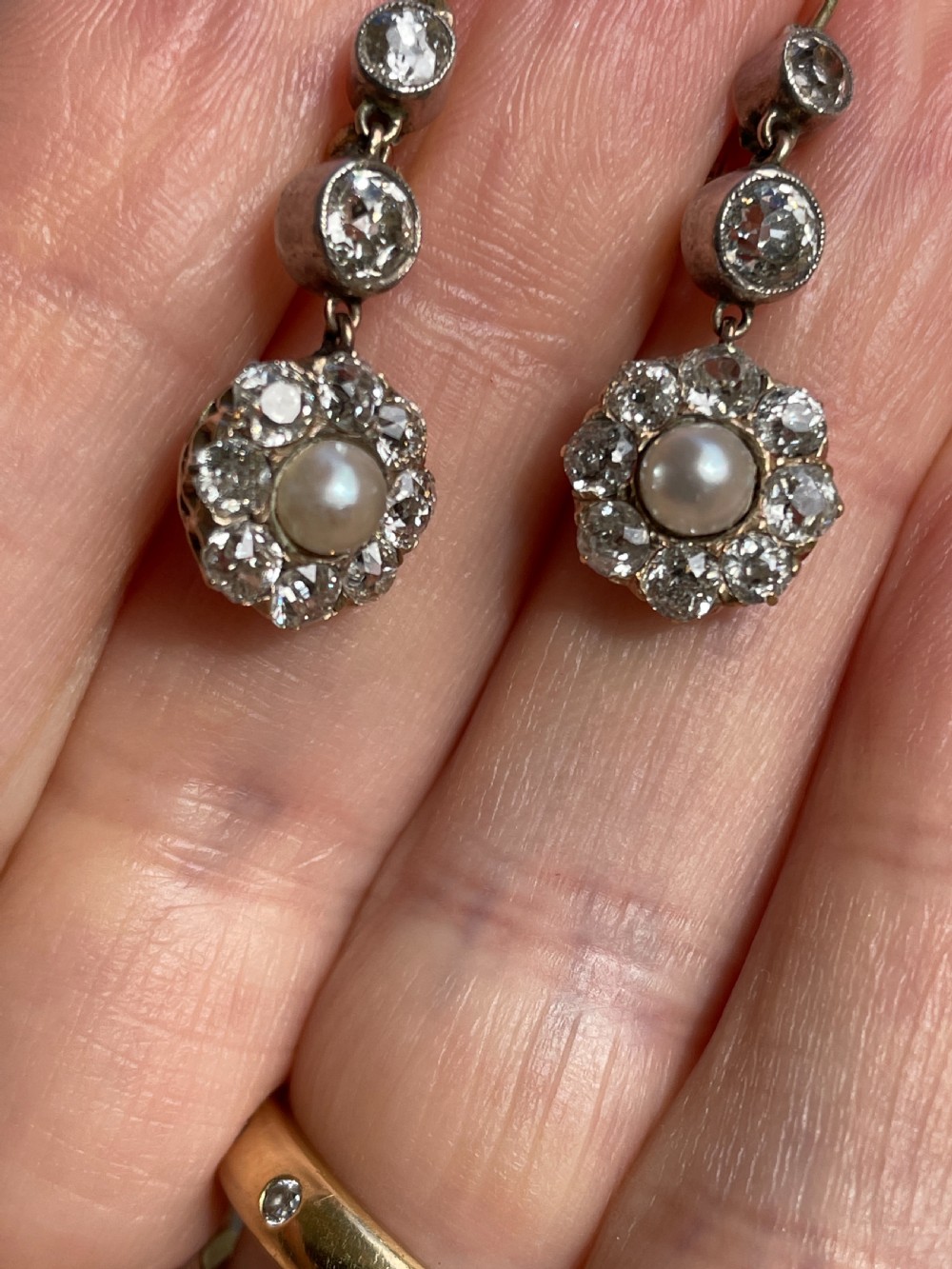 Old Cut Diamond and Natural Saltwater Pearl Victorian Earrings View II