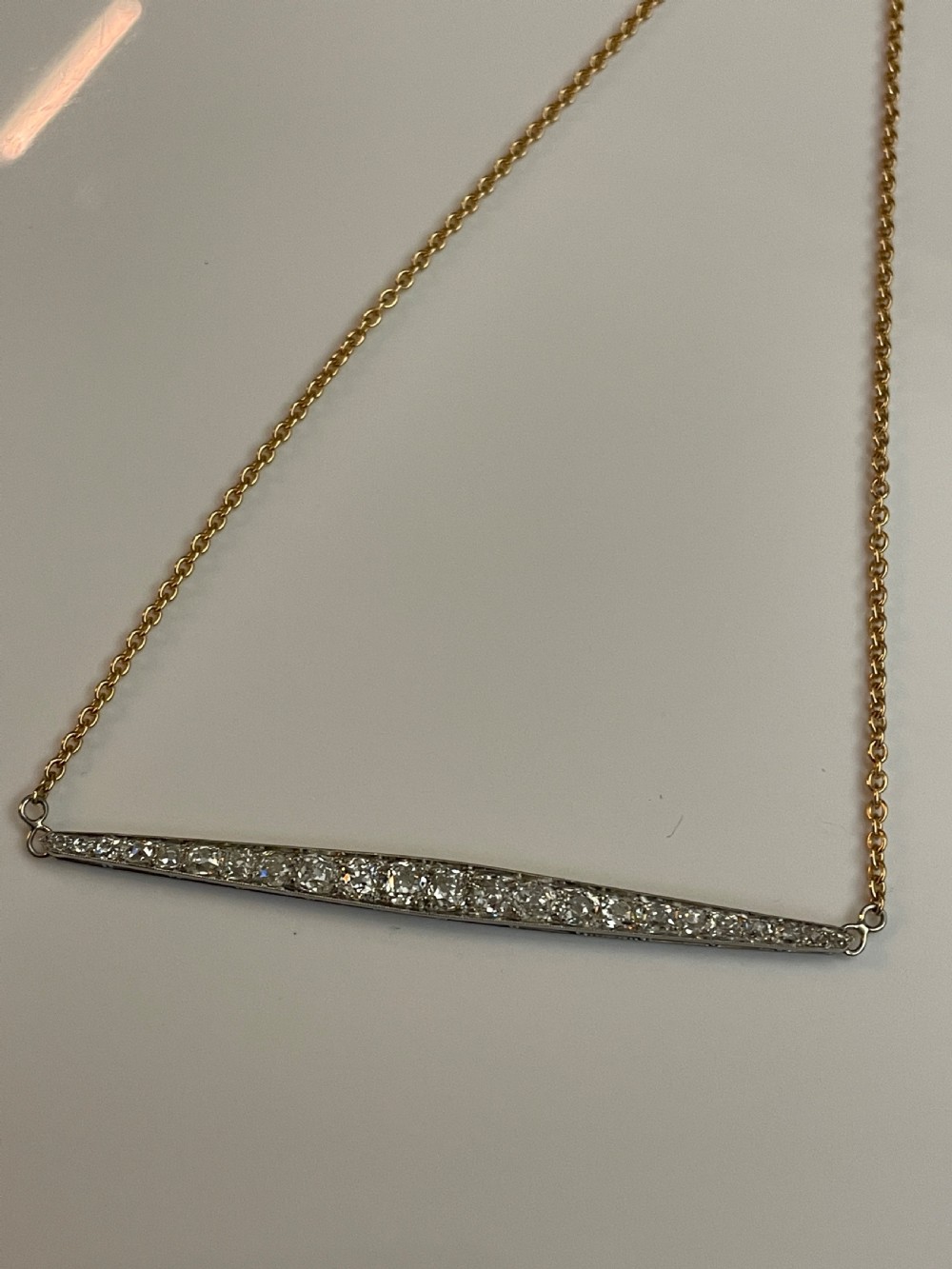 Platinum and Diamond Art Deco Line Bar on  18ct Gold Chain View III
