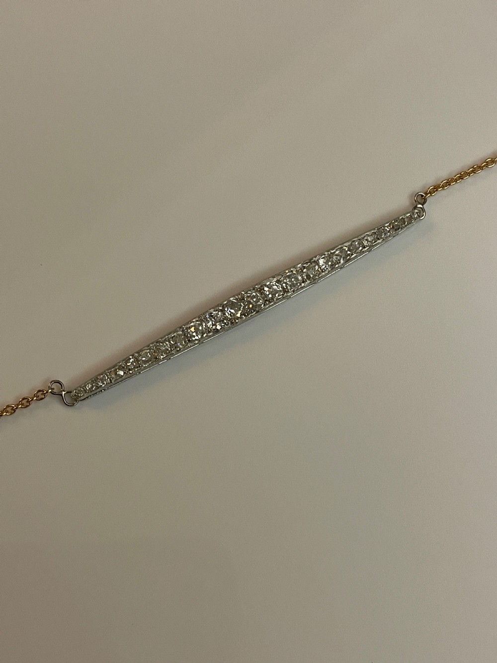 Platinum and Diamond Art Deco Line Bar on  18ct Gold Chain View IV
