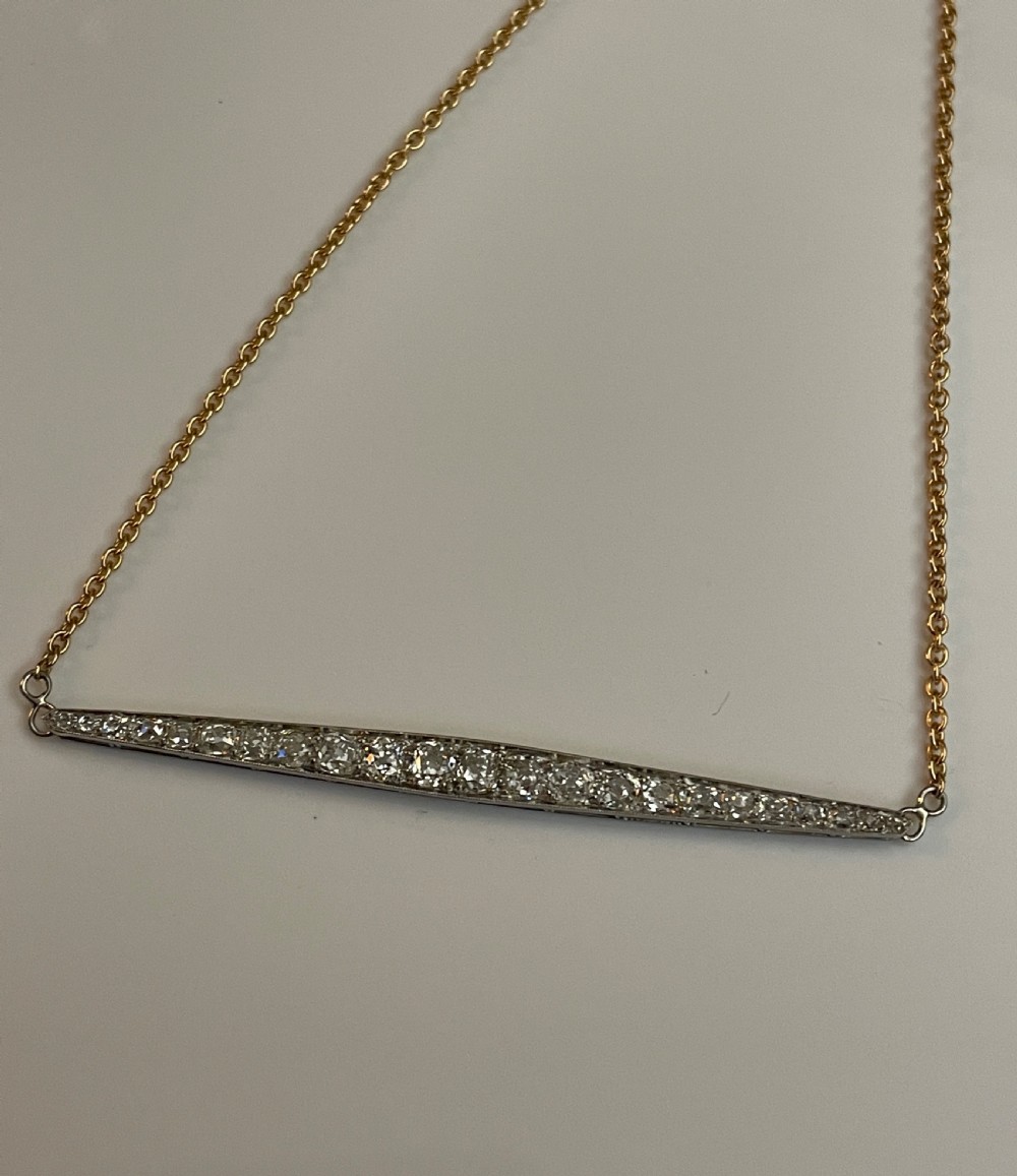 Platinum and Diamond Art Deco Line Bar on  18ct Gold Chain View V