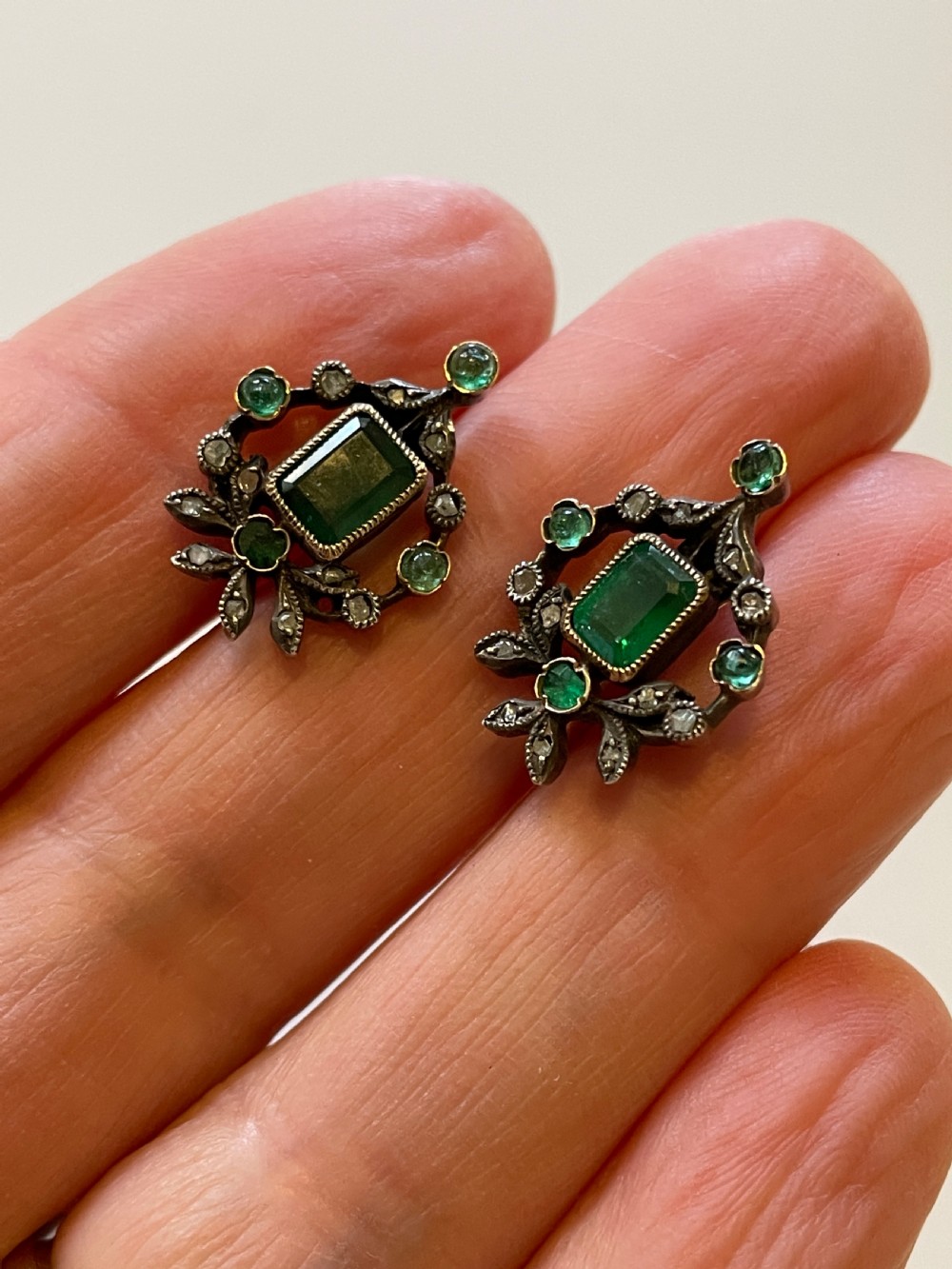 Antique Emerald and Diamond Cluster Earrings