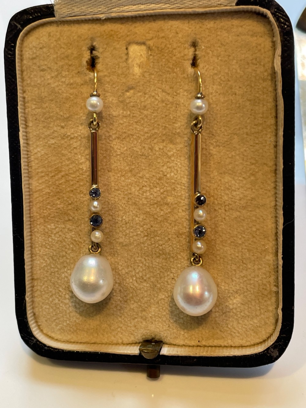Edwardian Freshwater Cultured Pearl and Ceylon Sapphire Gold Earrings  View II
