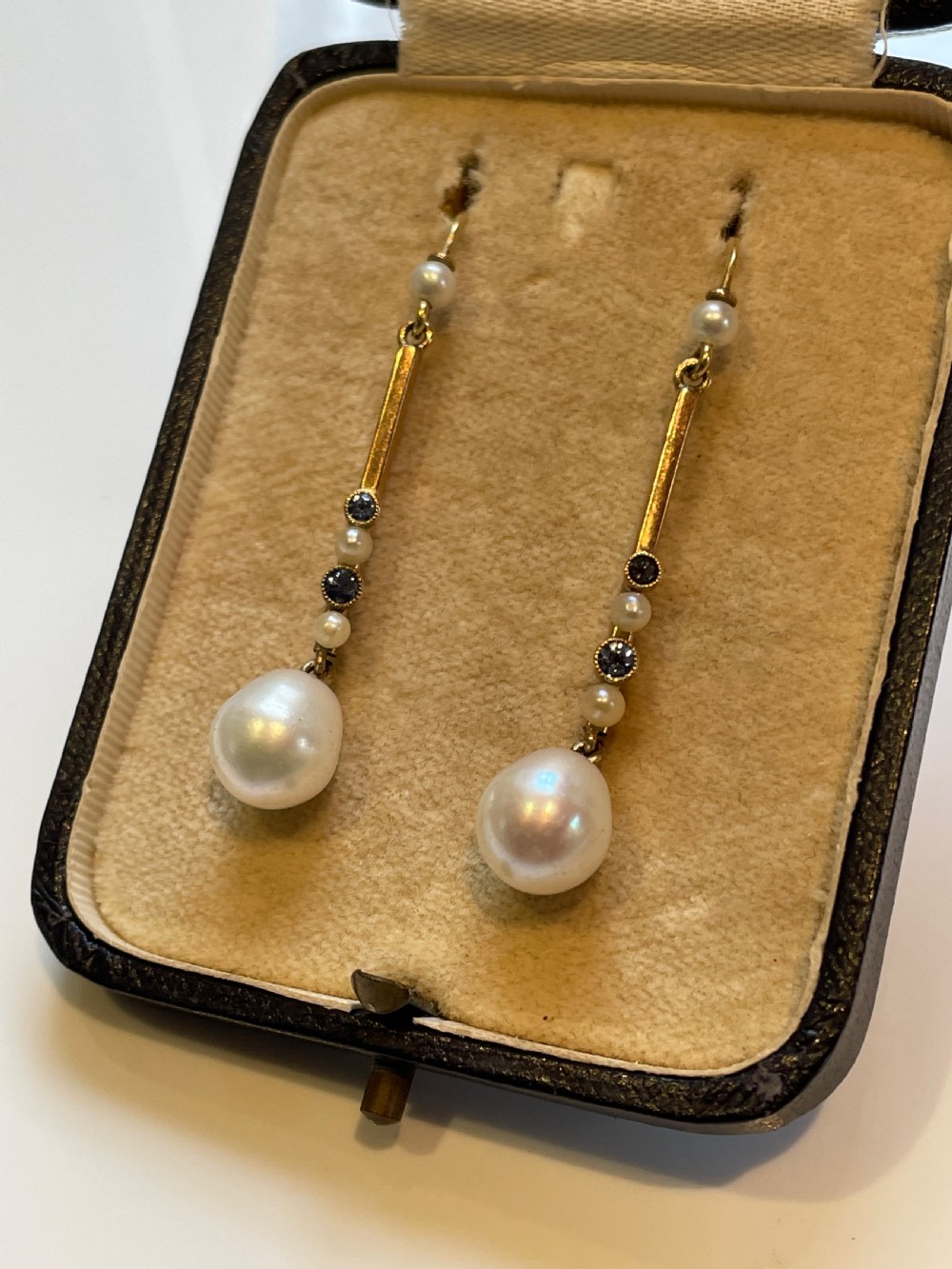 Edwardian Freshwater Cultured Pearl and Ceylon Sapphire Gold Earrings  View III