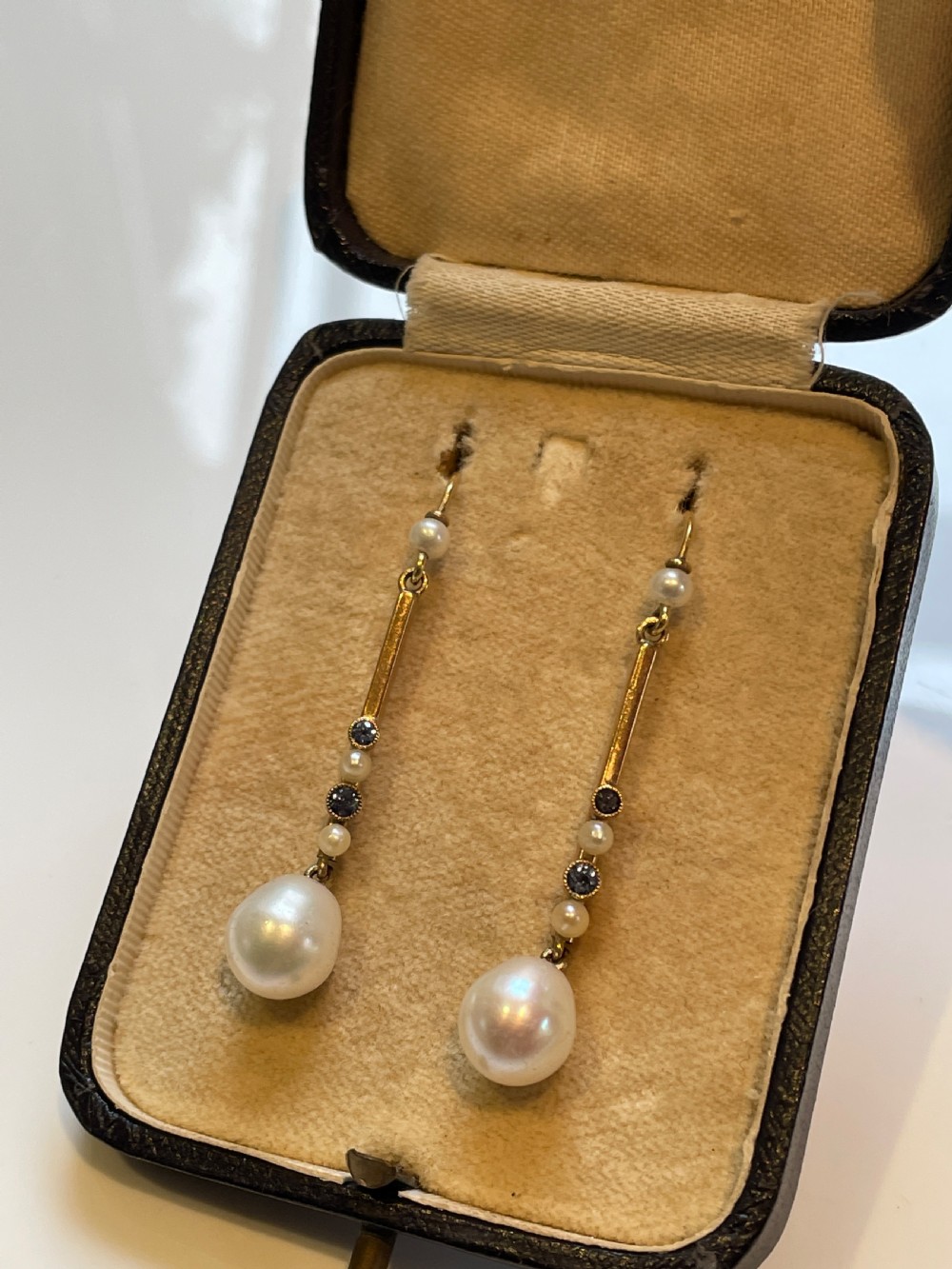 Edwardian Freshwater Cultured Pearl and Ceylon Sapphire Gold Earrings  View IV
