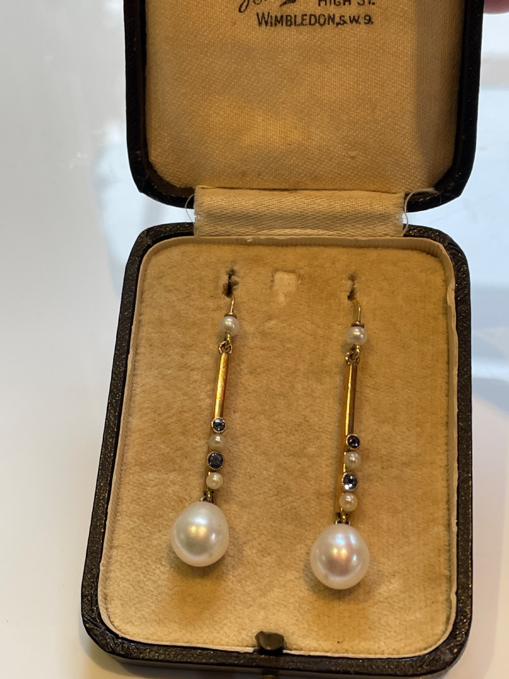 Edwardian Freshwater Cultured Pearl and Ceylon Sapphire Gold Earrings  View V