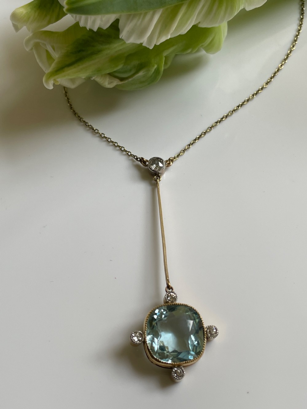 Edwardian Aquamarine and Diamond Pendant View V