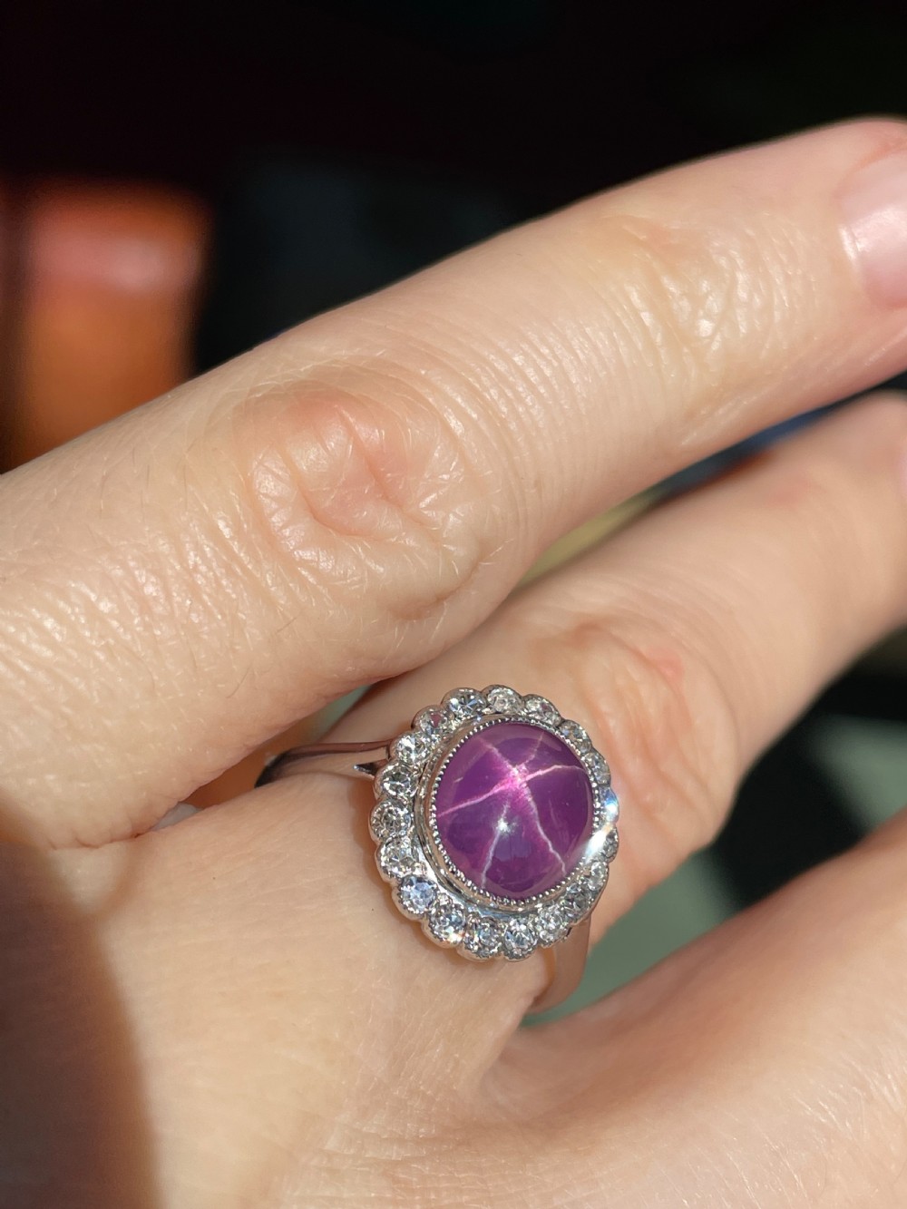 Star Ruby and Diamond Cluster Ring View II