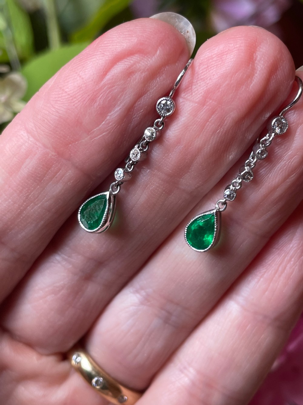 Edwardian Emerald and Old Cut Diamond Drop Earrings