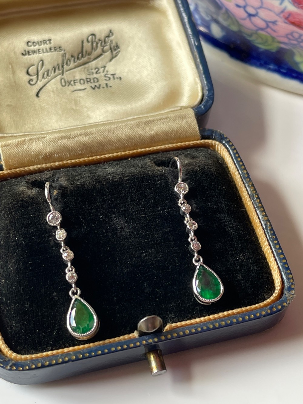 Edwardian Emerald and Old Cut Diamond Drop Earrings View V