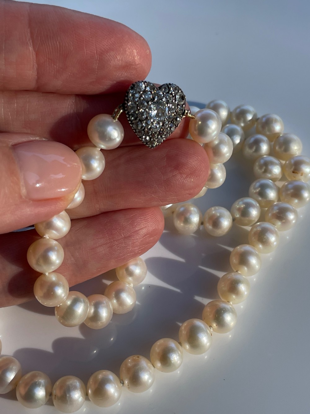 Victorian Diamond Heart Clasped Cultured Pearl Necklace